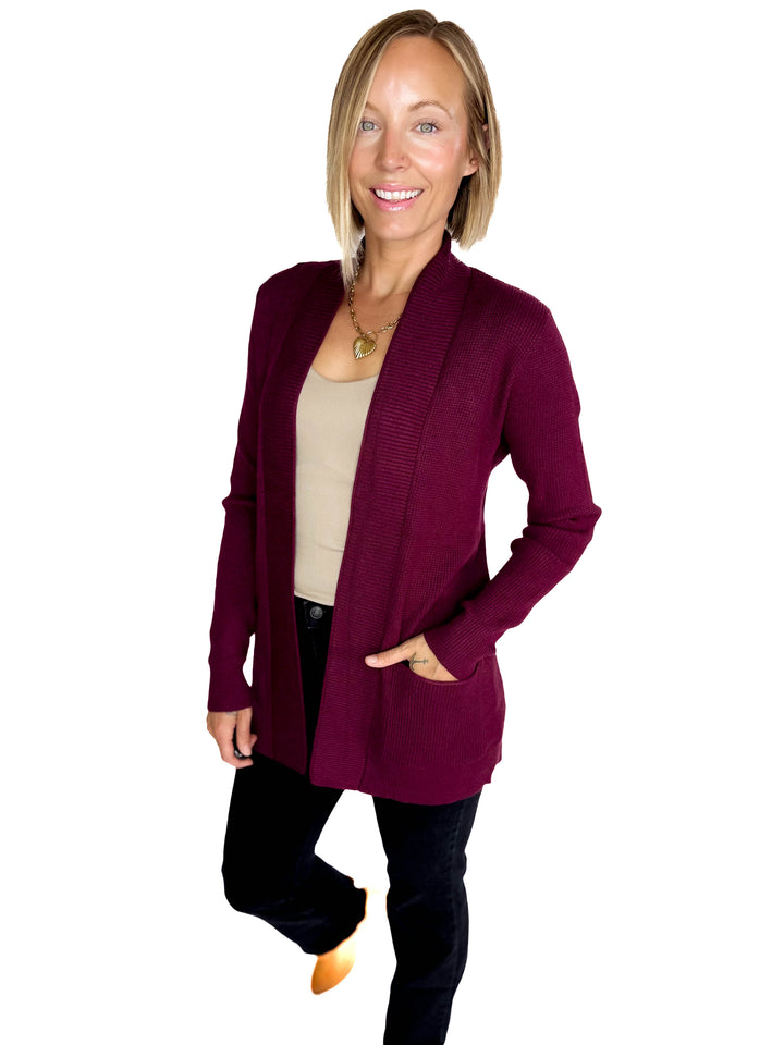 Otto Waffle Knit Cardigan- DARK PLUM