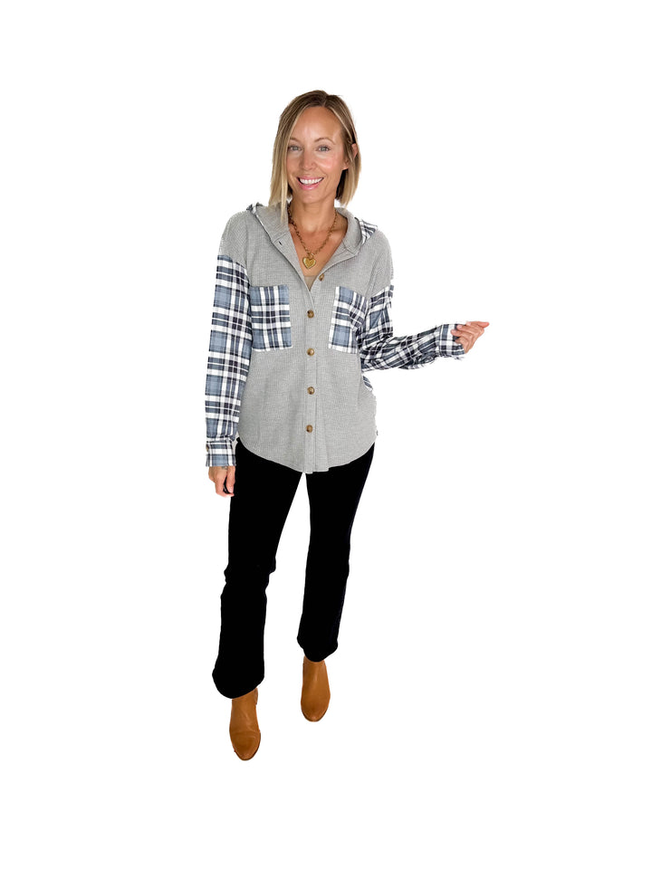 Idan Plaid Waffle Jacket- GREY