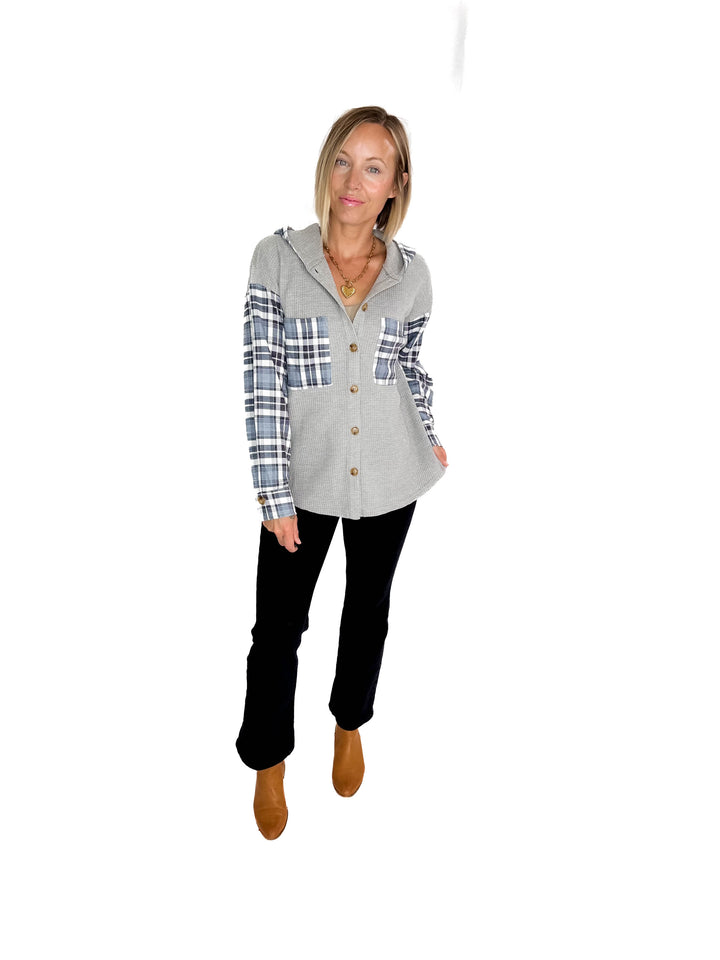 Idan Plaid Waffle Jacket- GREY
