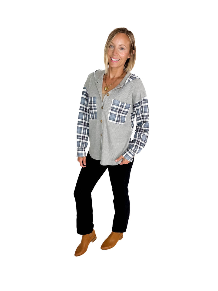 Idan Plaid Waffle Jacket- GREY