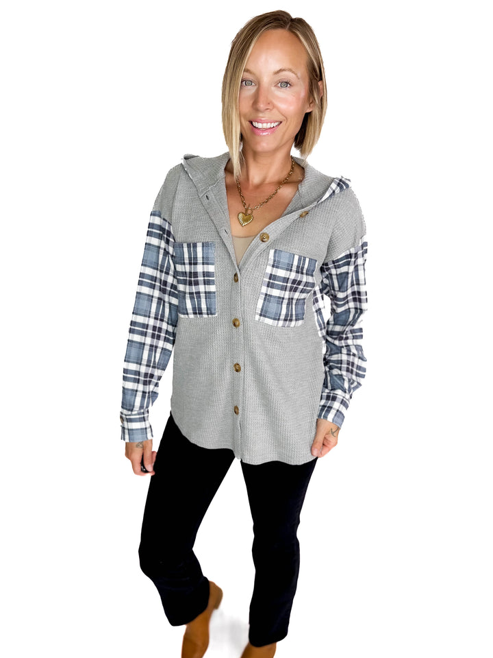 Idan Plaid Waffle Jacket- GREY