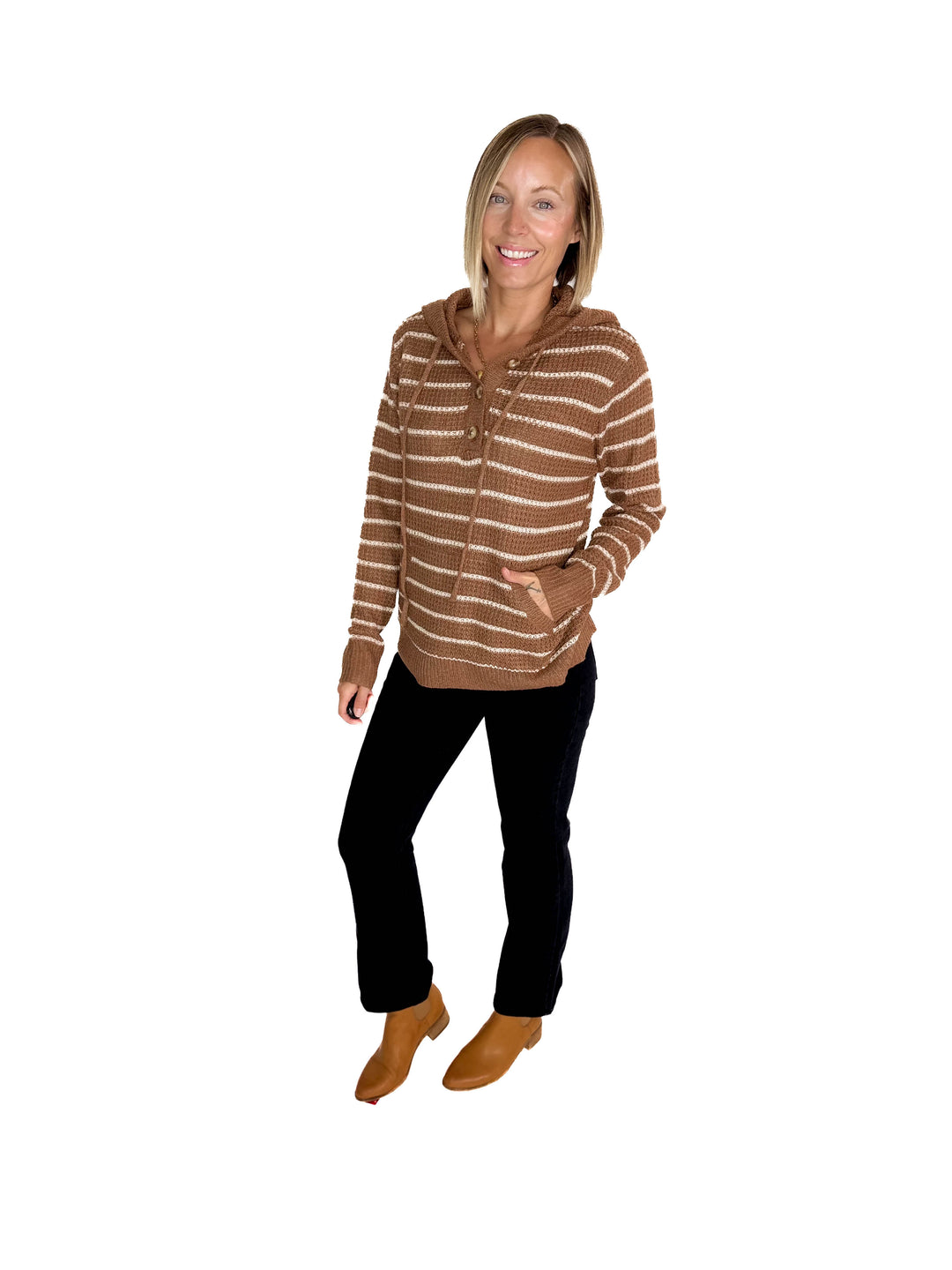 Amelie 1/2 Button Waffle Sweater- CAMEL