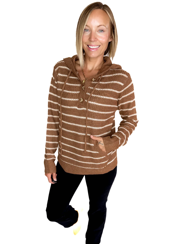Amelie 1/2 Button Waffle Sweater- CAMEL