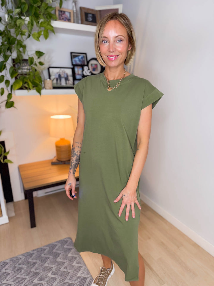 Audrey Stretch Cotton Midi Dress- LIGHT OLIVE  **PREORDER March 19th**