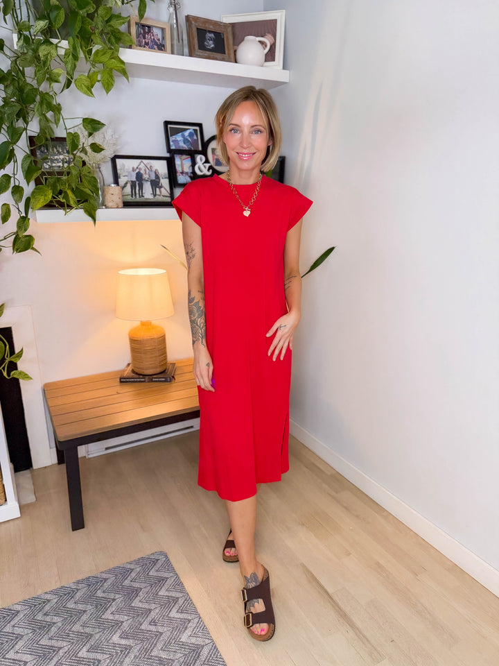 Audrey Stretch Cotton Midi Dress- RUBY