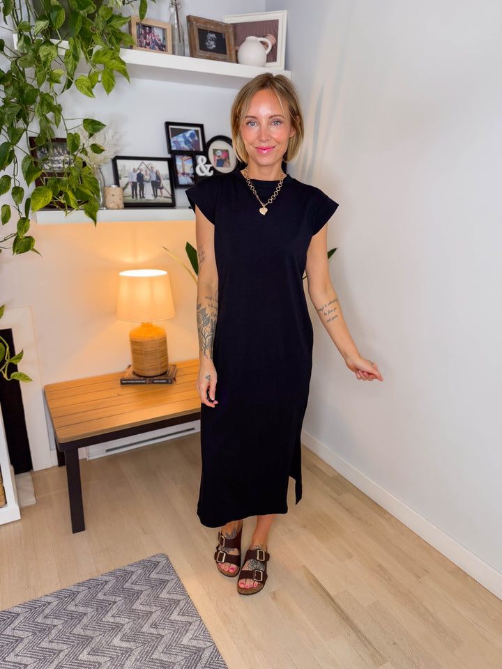 Audrey Stretch Cotton Midi Dress- BLACK  **PREORDER March 19th**