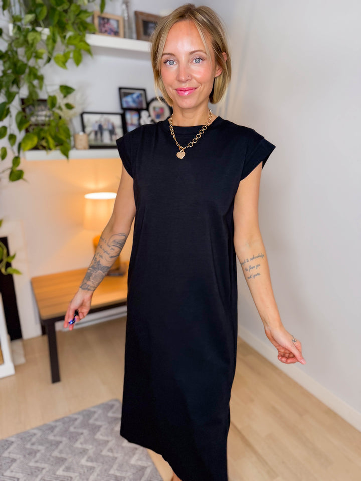 Audrey Stretch Cotton Midi Dress- BLACK  **PREORDER March 19th**