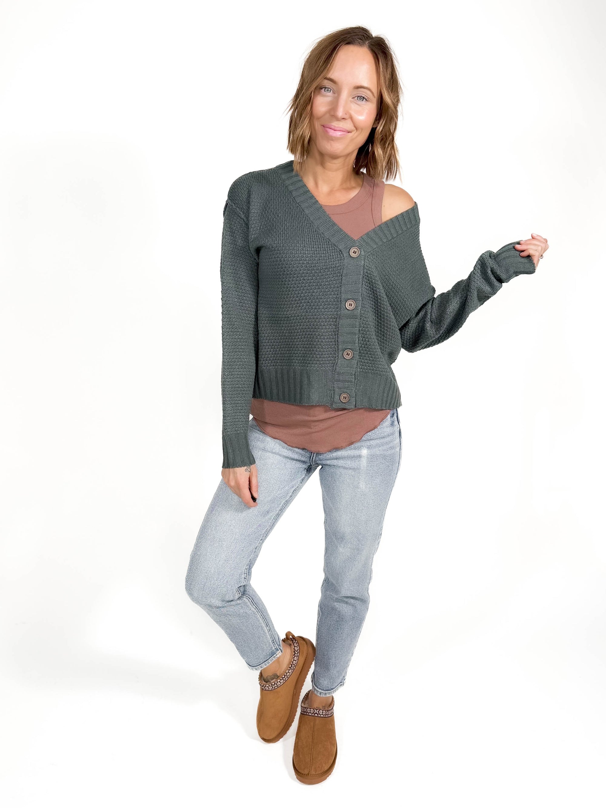 Ellie Waffle Textured Cardigan- SPRUCE GREEN-FINAL SALE