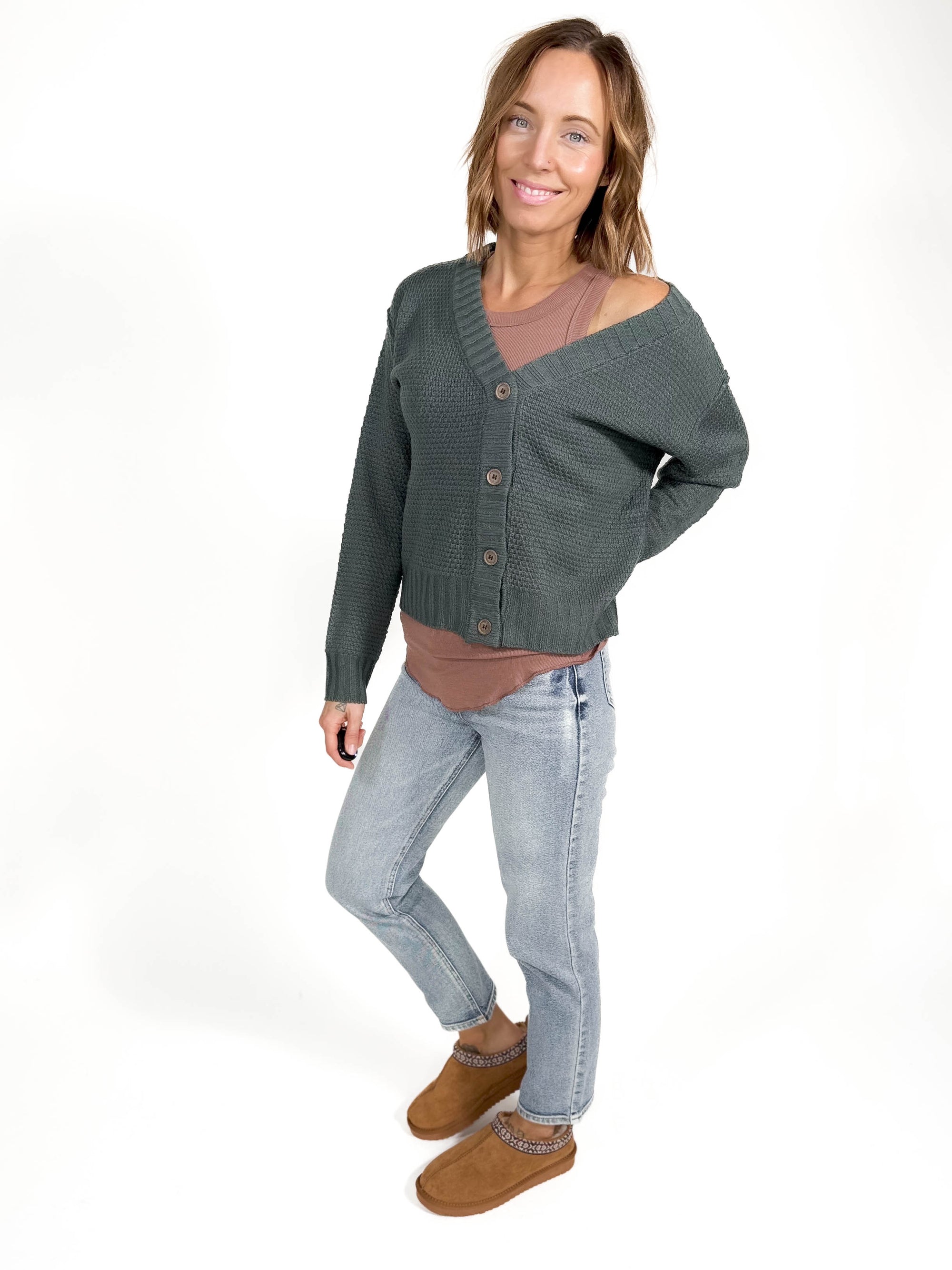 Ellie Waffle Textured Cardigan- SPRUCE GREEN-FINAL SALE