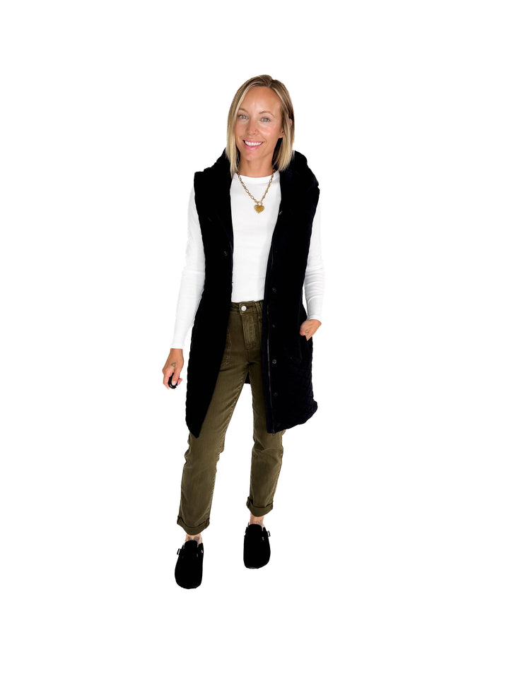 MONO B Solana Longline Quilted Vest- BLACK