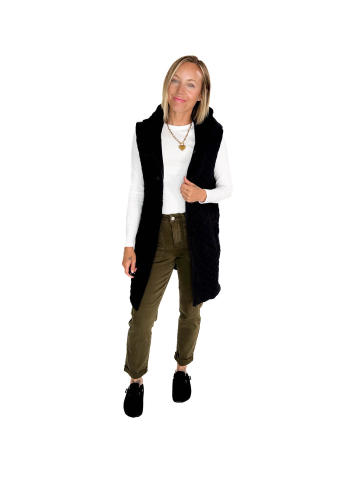 MONO B Solana Longline Quilted Vest- BLACK