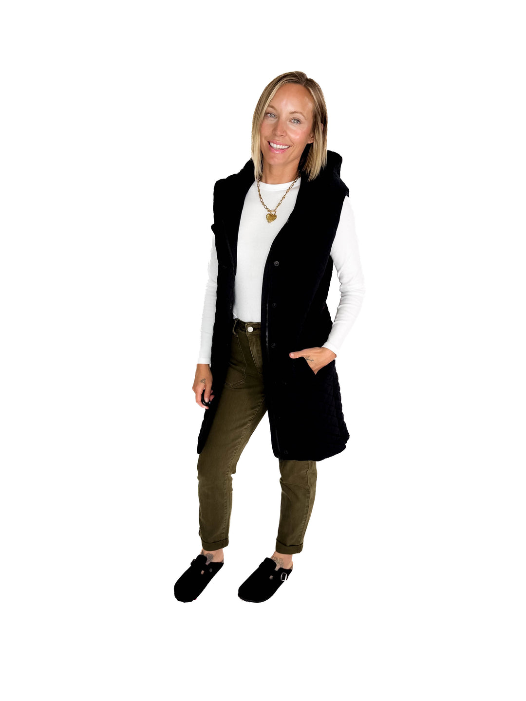 MONO B Solana Longline Quilted Vest- BLACK