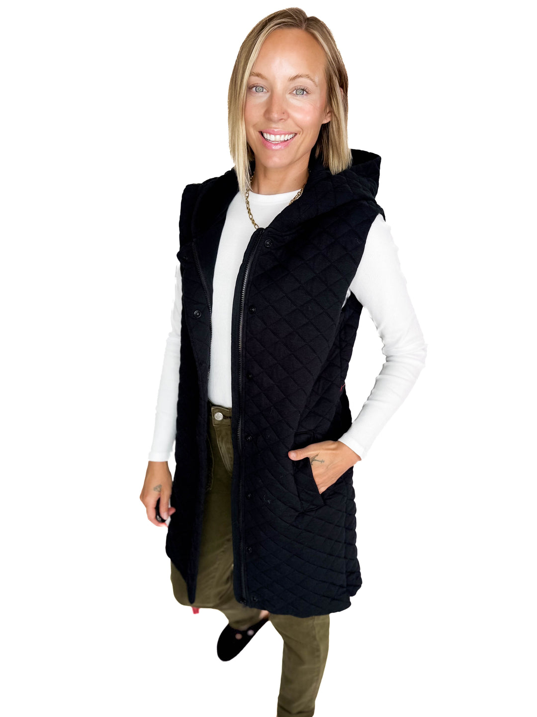 MONO B Solana Longline Quilted Vest- BLACK