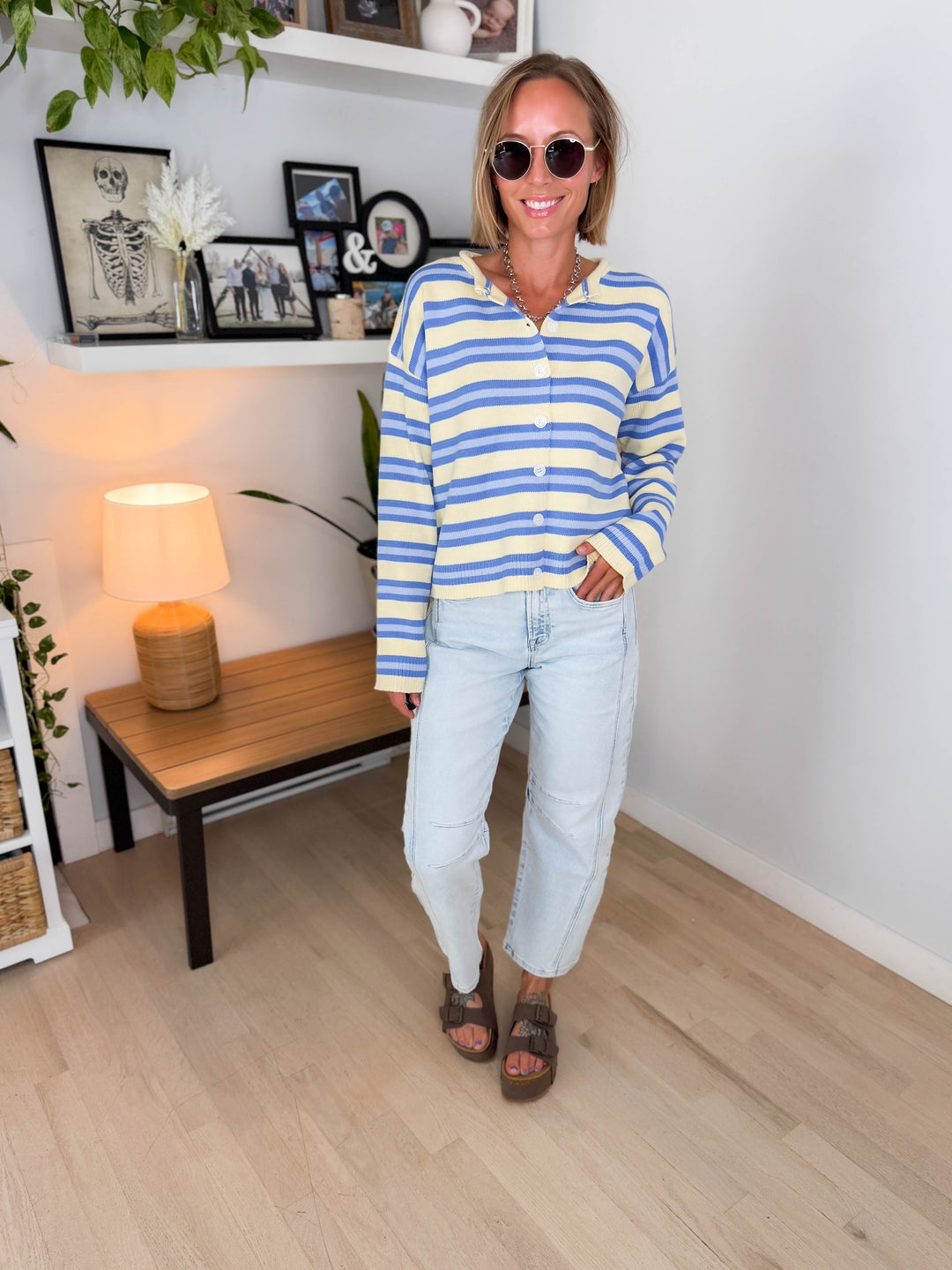 Maggie Striped Button Up Long Sleeve Sweater- DAISY COMBO