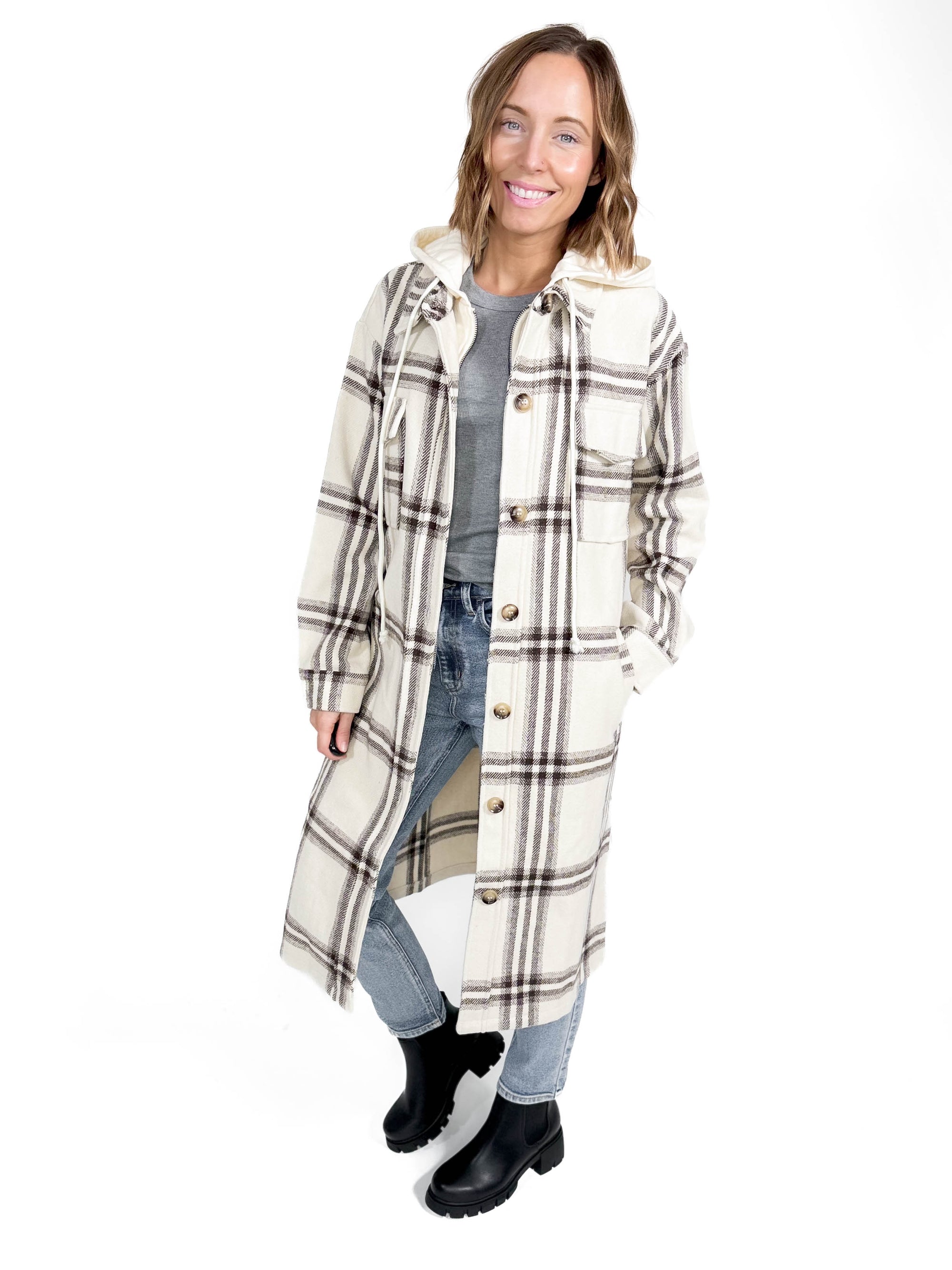 Fireside Twofer Hoodie Shacket- CREAM PLAID-FINAL SALE