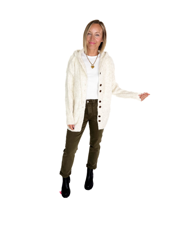 Malachai Button Down Hoodie Cardigan- OATMEAL