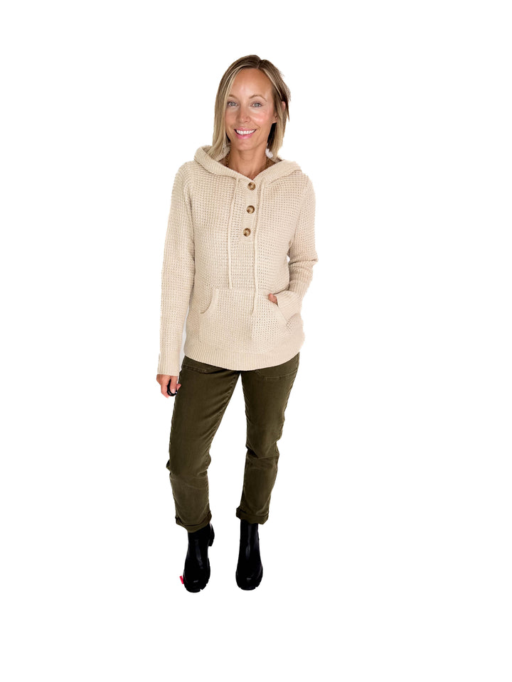 Viso Half Button Waffle Hooded Sweater- OATMEAL