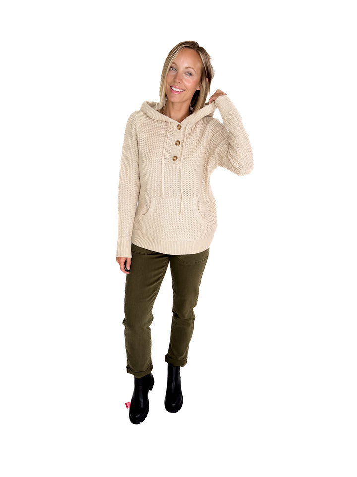 Viso Half Button Waffle Hooded Sweater- OATMEAL
