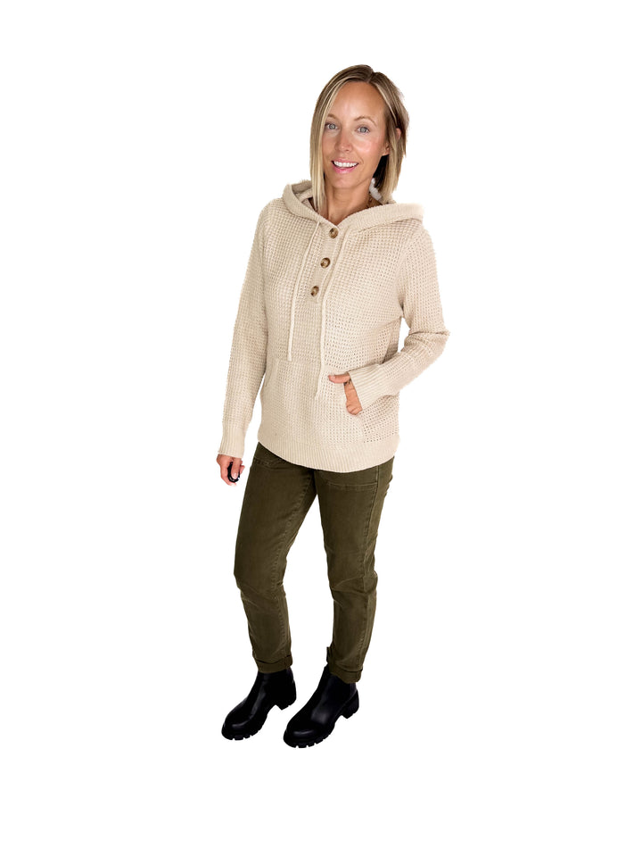 Viso Half Button Waffle Hooded Sweater- OATMEAL