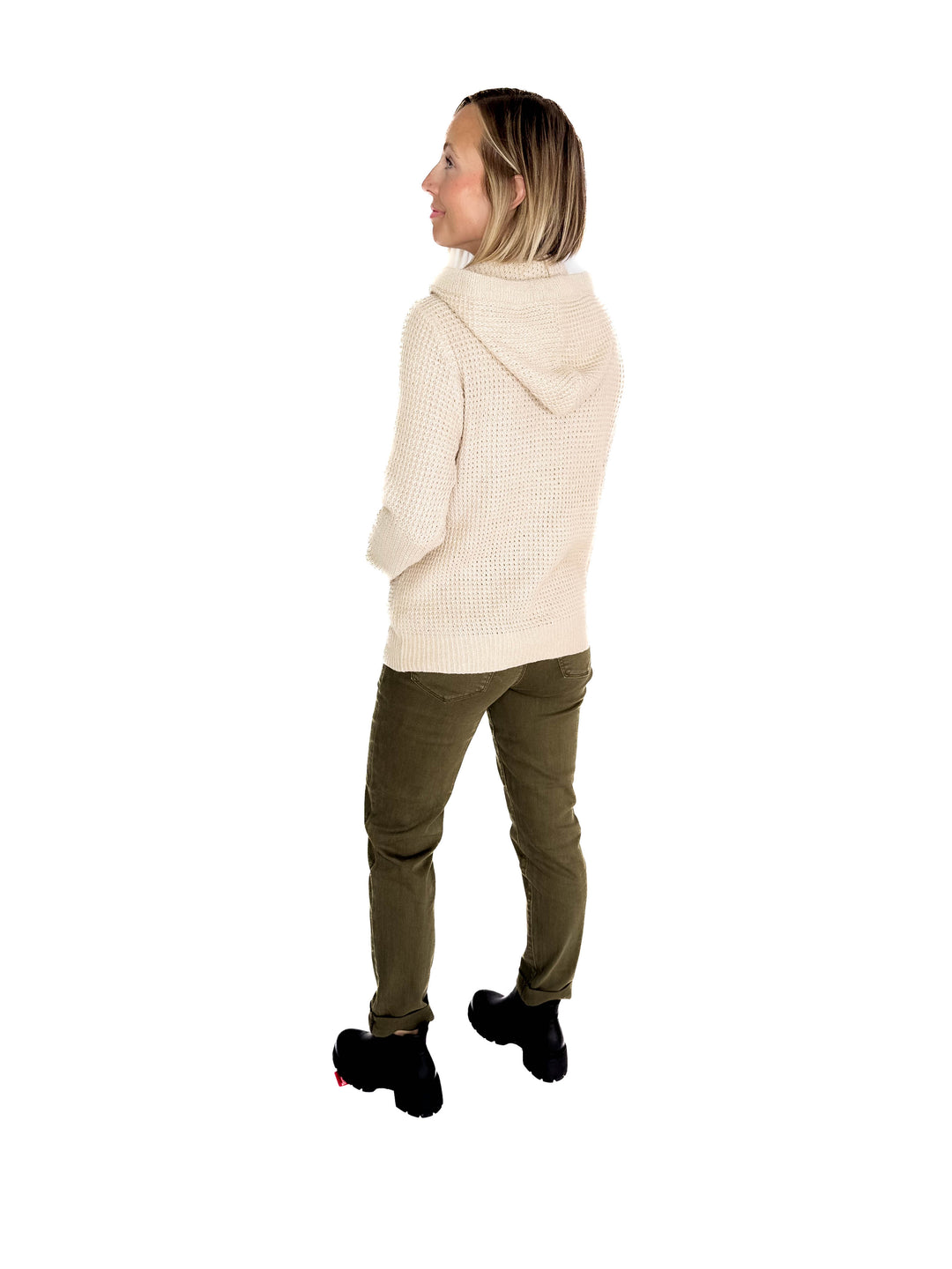 Viso Half Button Waffle Hooded Sweater- OATMEAL