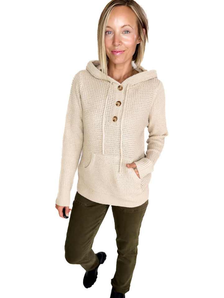 Viso Half Button Waffle Hooded Sweater- OATMEAL
