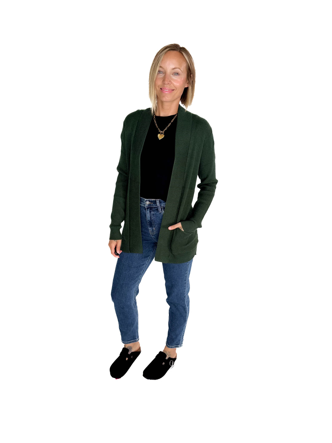 Otto Waffle Knit Cardigan- FOREST