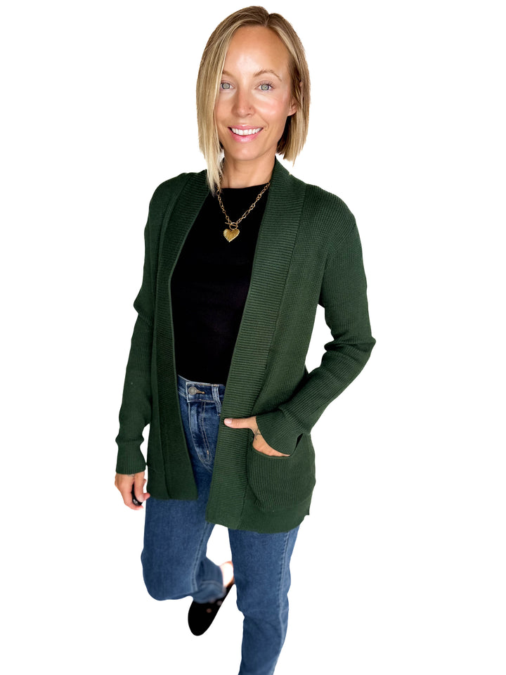 Otto Waffle Knit Cardigan- FOREST