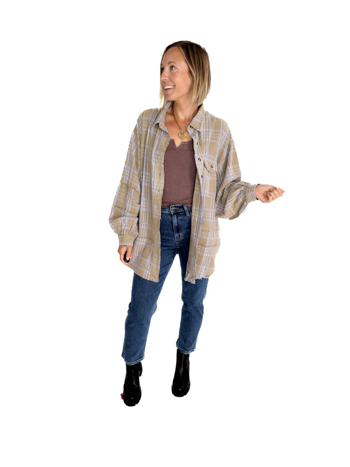 Felix Oversized Plaid Button Shacket- SAGE GREY