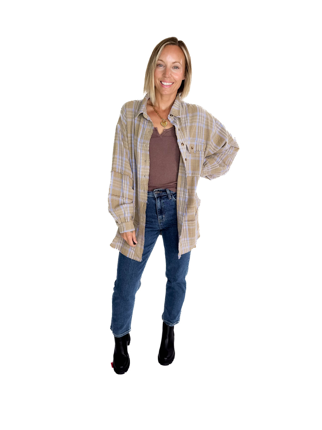 Felix Oversized Plaid Button Shacket- SAGE GREY