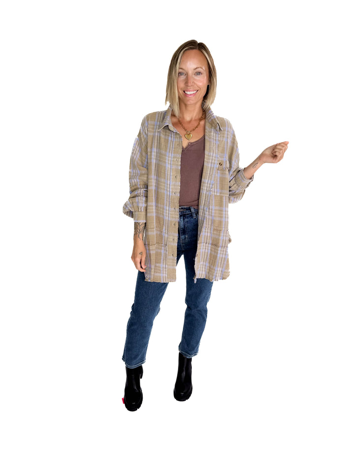 Felix Oversized Plaid Button Shacket- SAGE GREY