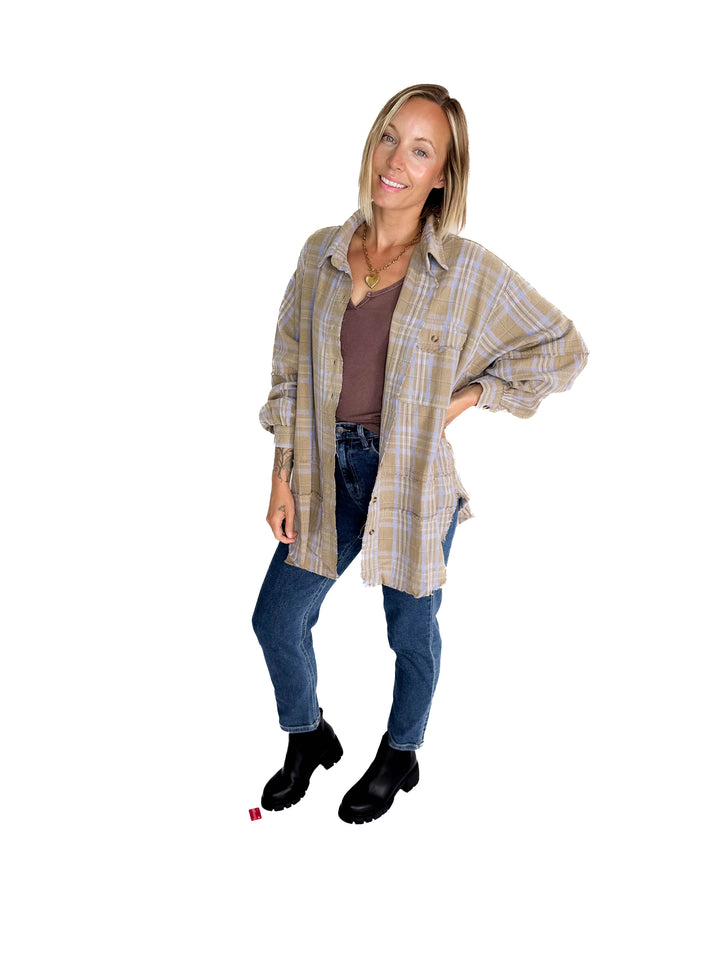 Felix Oversized Plaid Button Shacket- SAGE GREY