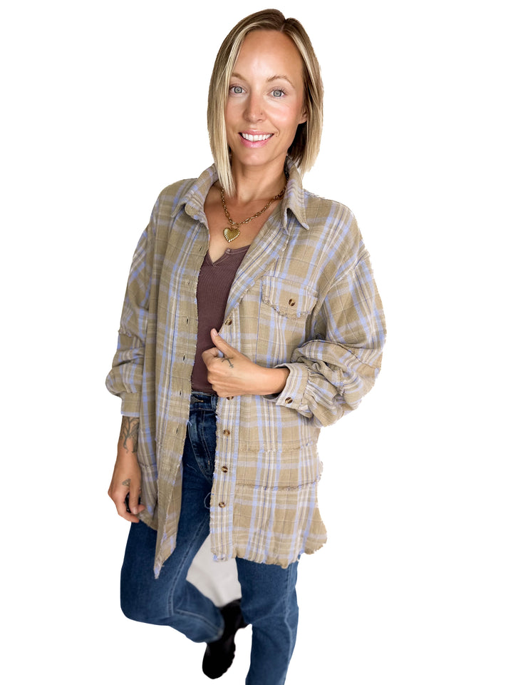 Felix Oversized Plaid Button Shacket- SAGE GREY