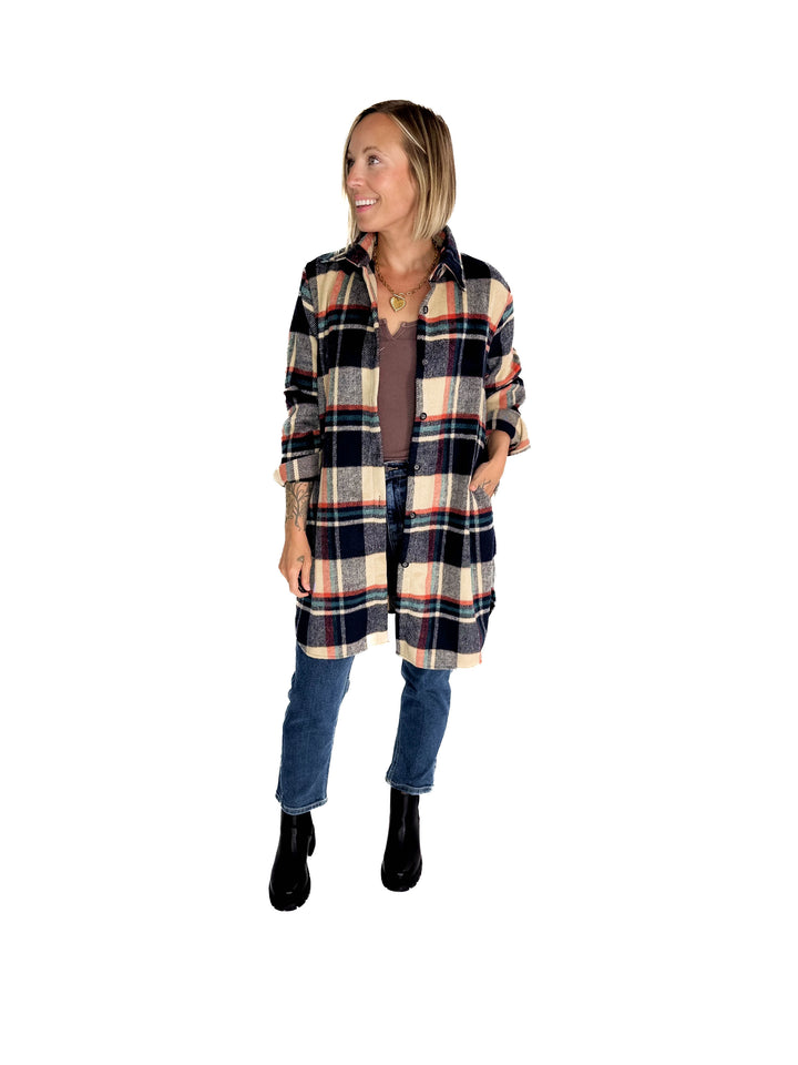 Renfrew Plaid Shacket- NAVY/TAUPE