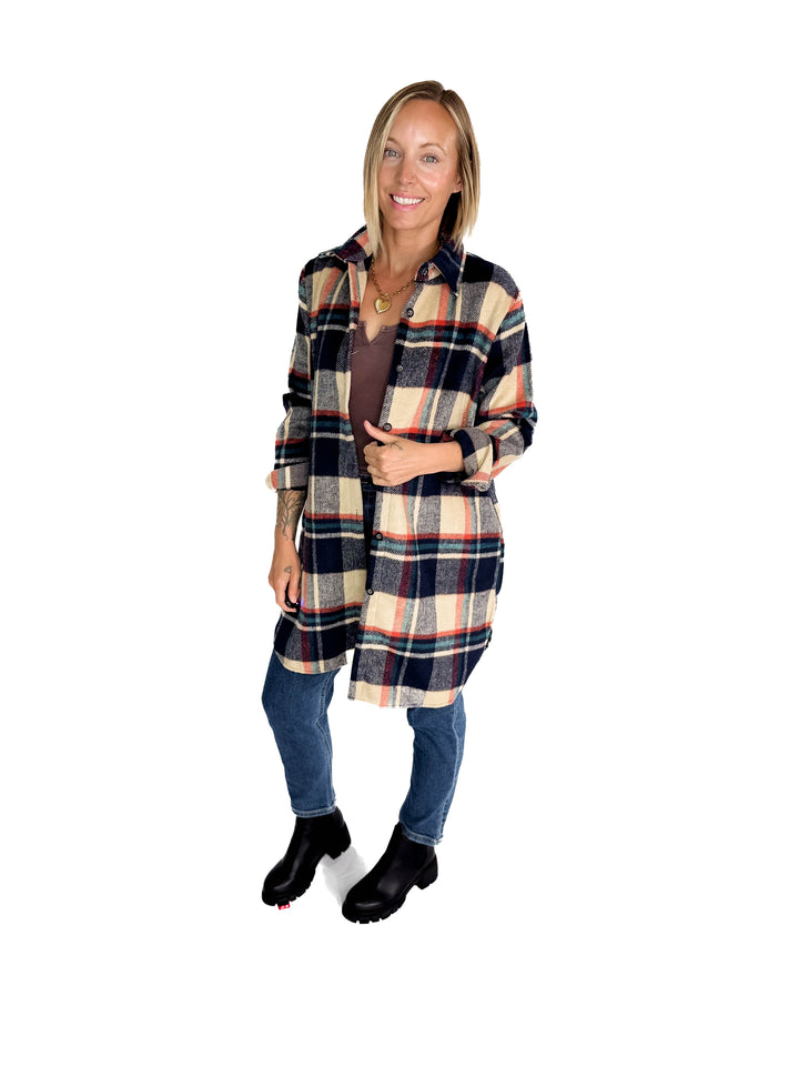 Renfrew Plaid Shacket- NAVY/TAUPE