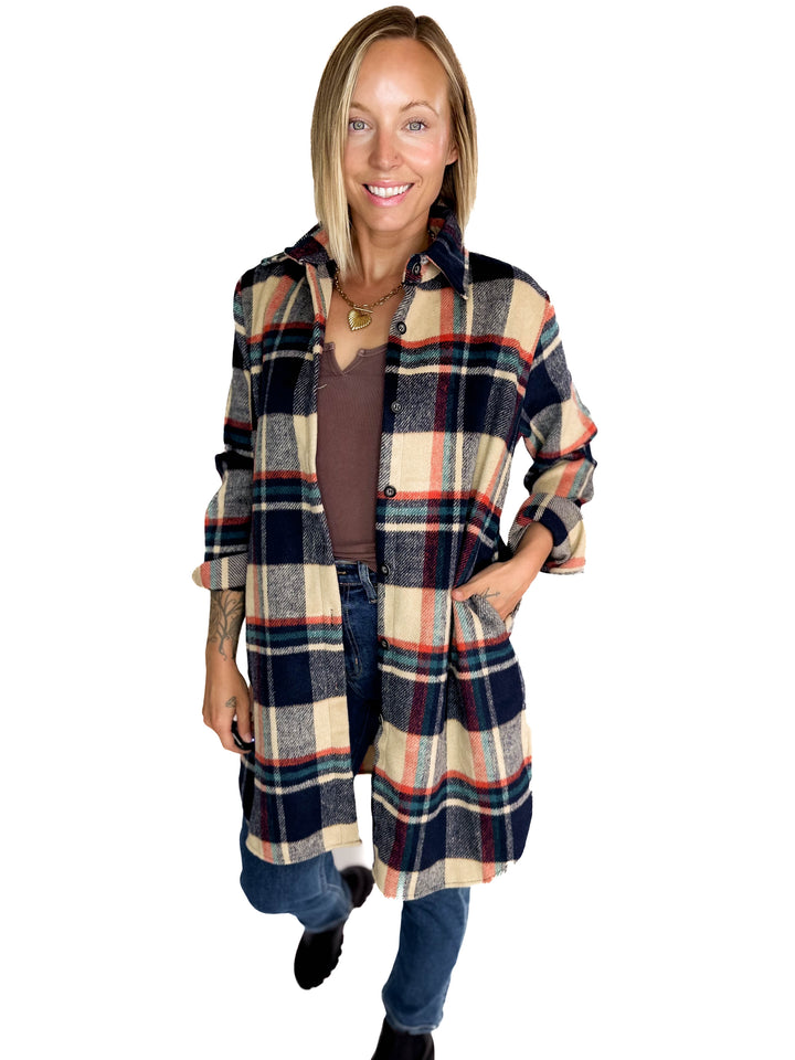 Renfrew Plaid Shacket- NAVY/TAUPE