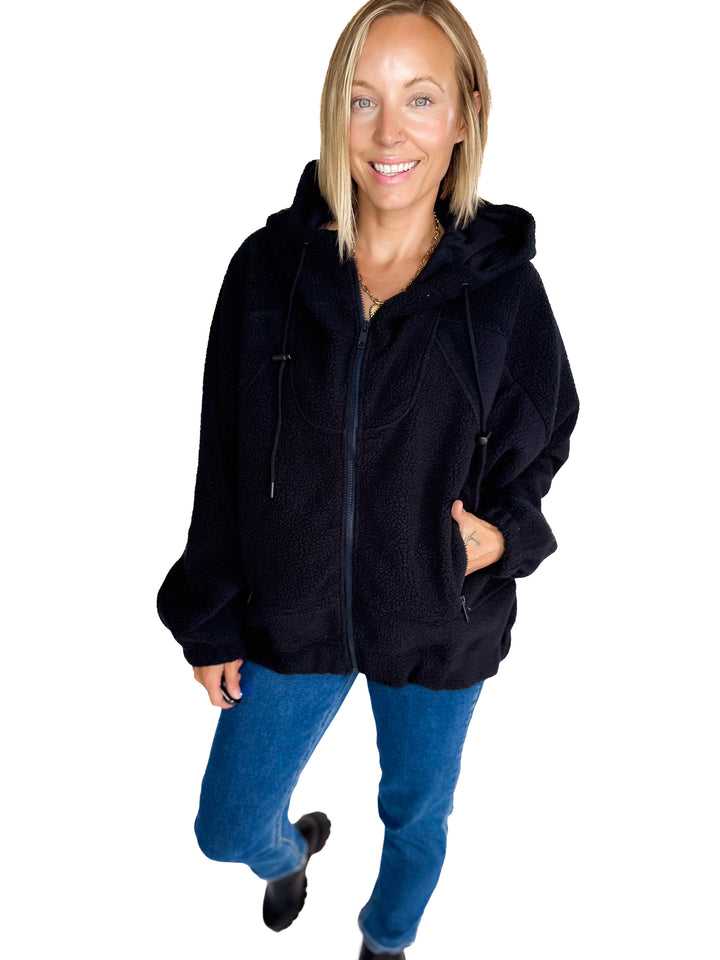 MONO B Oversized Alpine Fleece Zip Up Hoodie- DEEP NAVY