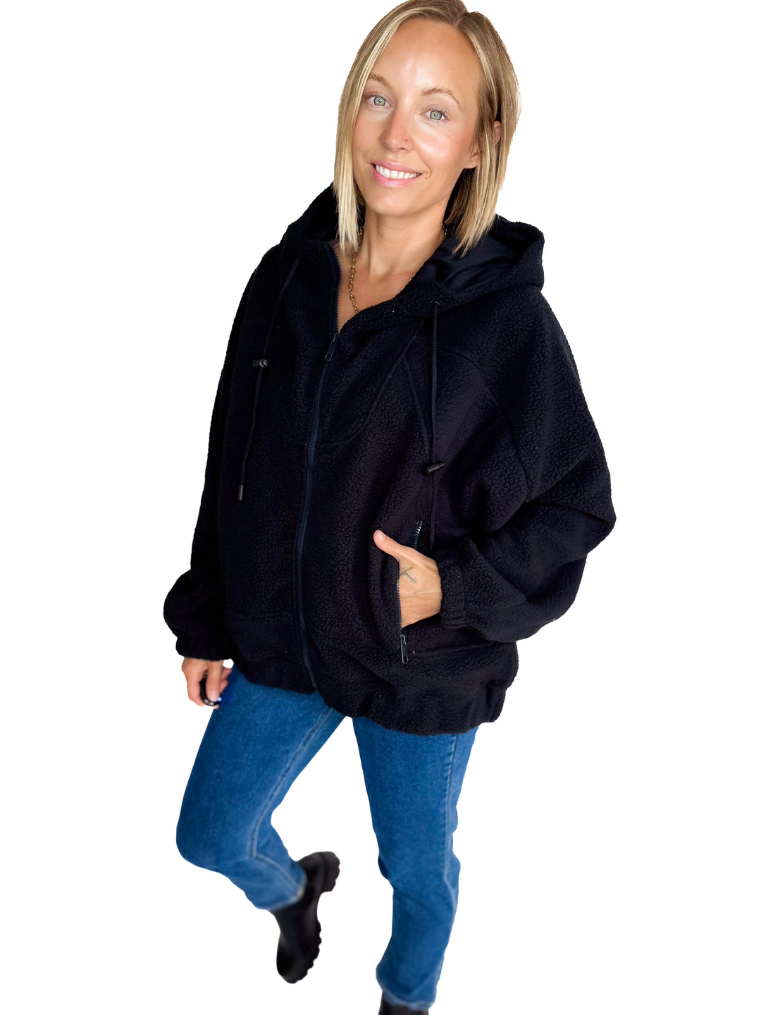 MONO B Oversized Alpine Fleece Zip Up Hoodie- DEEP NAVY
