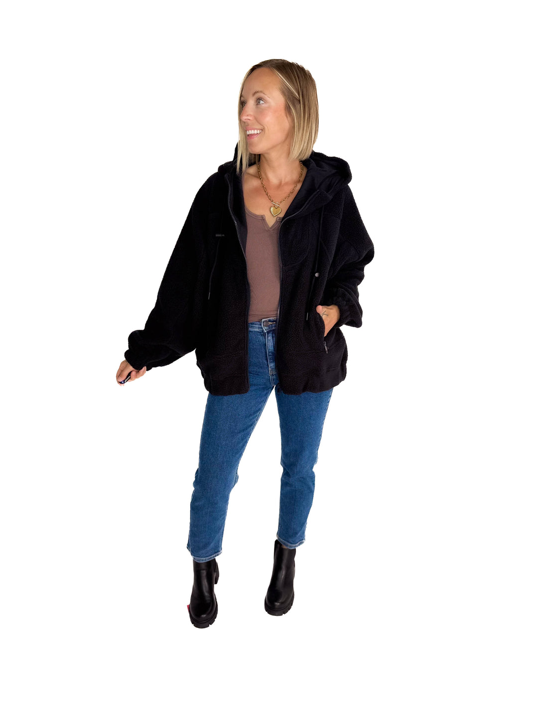 MONO B Oversized Alpine Fleece Zip Up Hoodie- DEEP NAVY