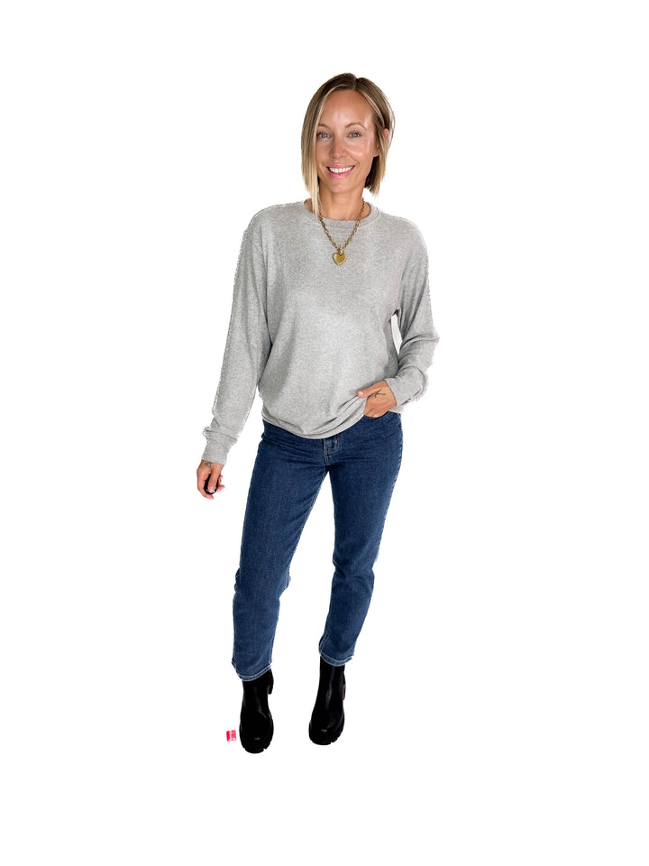 MICHELLE MAE Corrine Ribbed Pullover Long Sleeve- LIGHT GREY