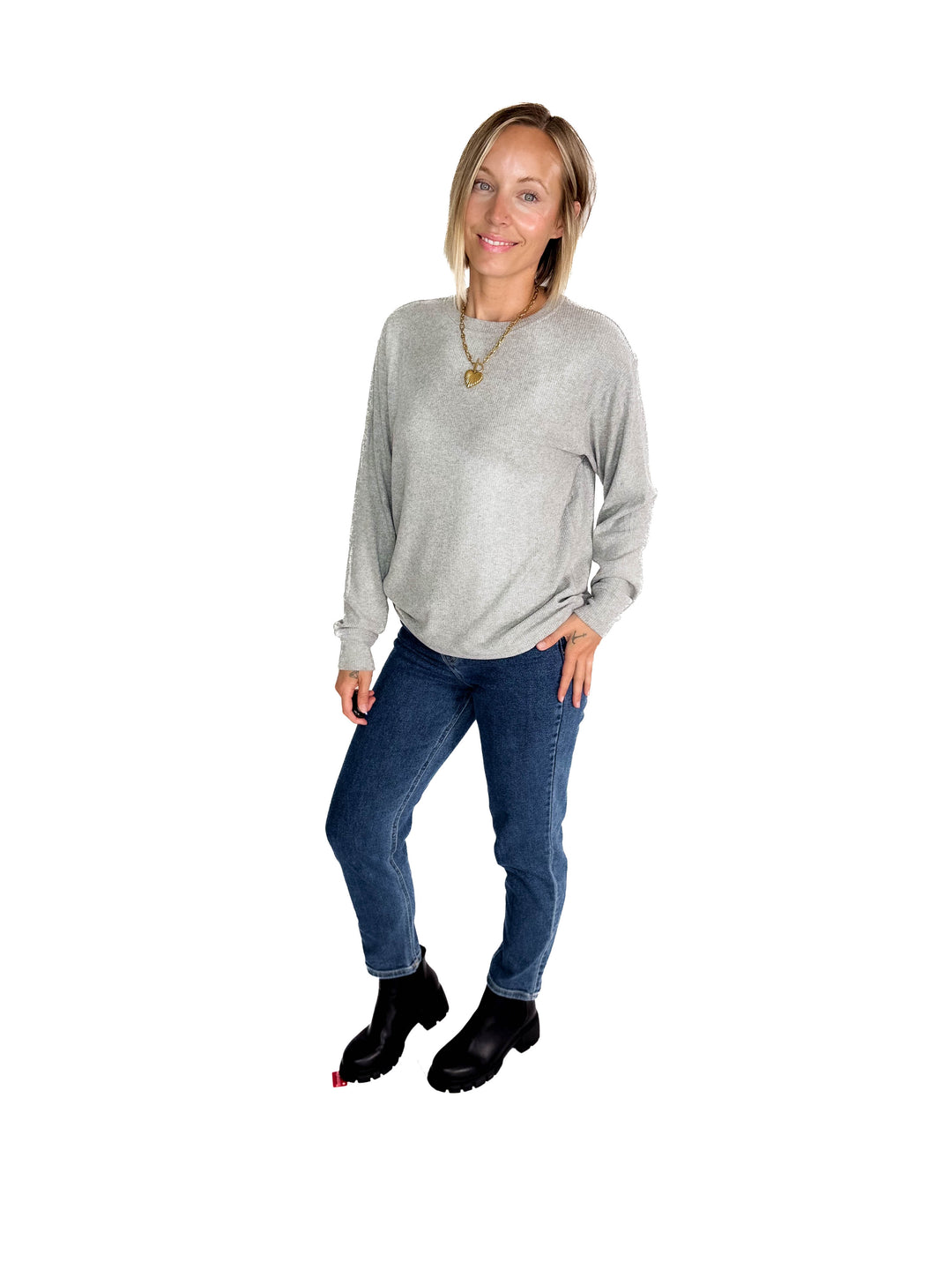 MICHELLE MAE Corrine Ribbed Pullover Long Sleeve- LIGHT GREY