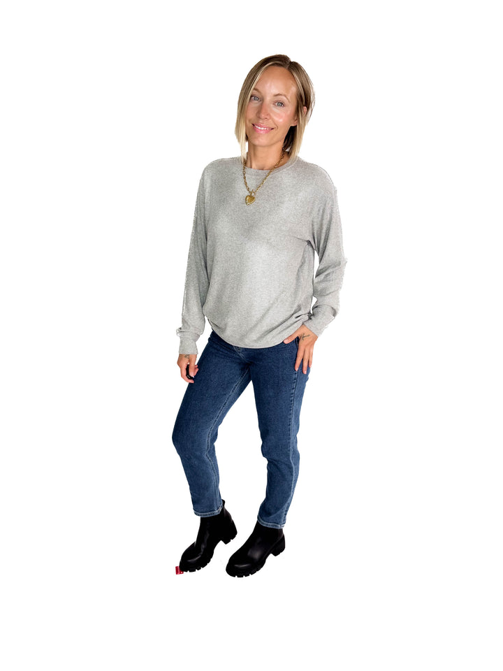 MICHELLE MAE Corrine Ribbed Pullover Long Sleeve- LIGHT GREY