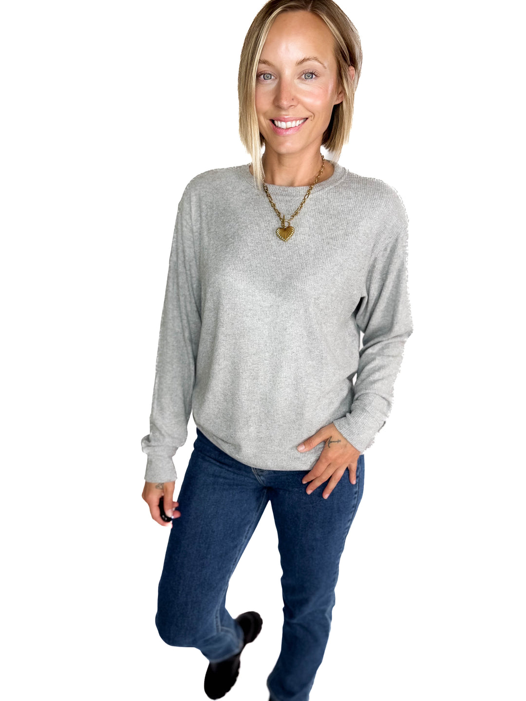 MICHELLE MAE Corrine Ribbed Pullover Long Sleeve- LIGHT GREY