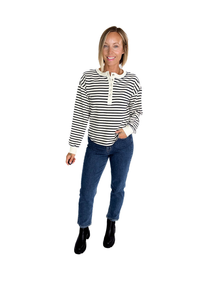 Vega Stripe Button Henley- NAVY
