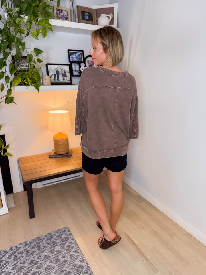 Ivy 3/4 Sleeve Washed Cotton Pullover- ESPRESSO