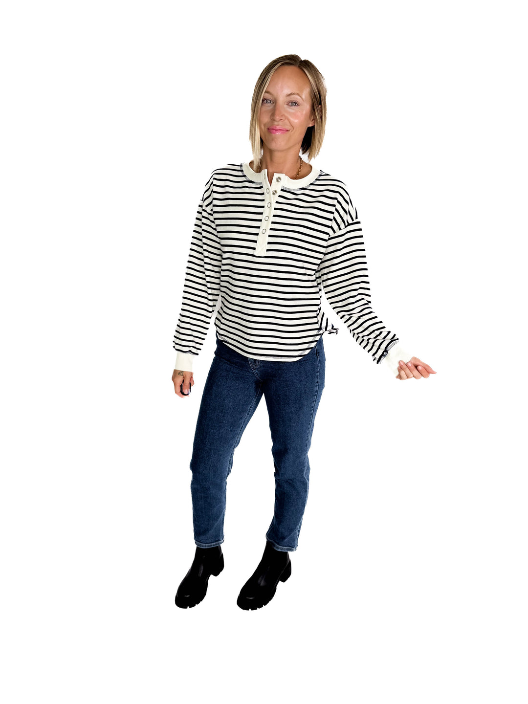 Vega Stripe Button Henley- NAVY