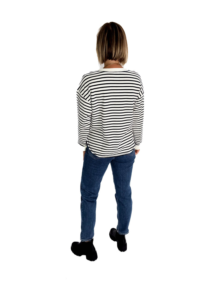 Vega Stripe Button Henley- NAVY