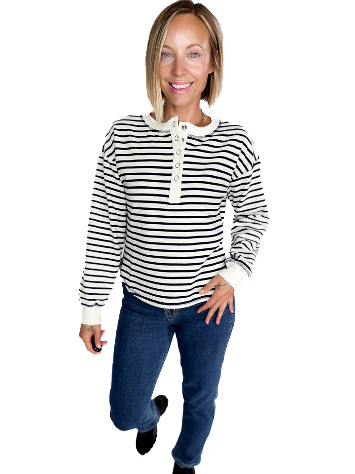 Vega Stripe Button Henley- NAVY