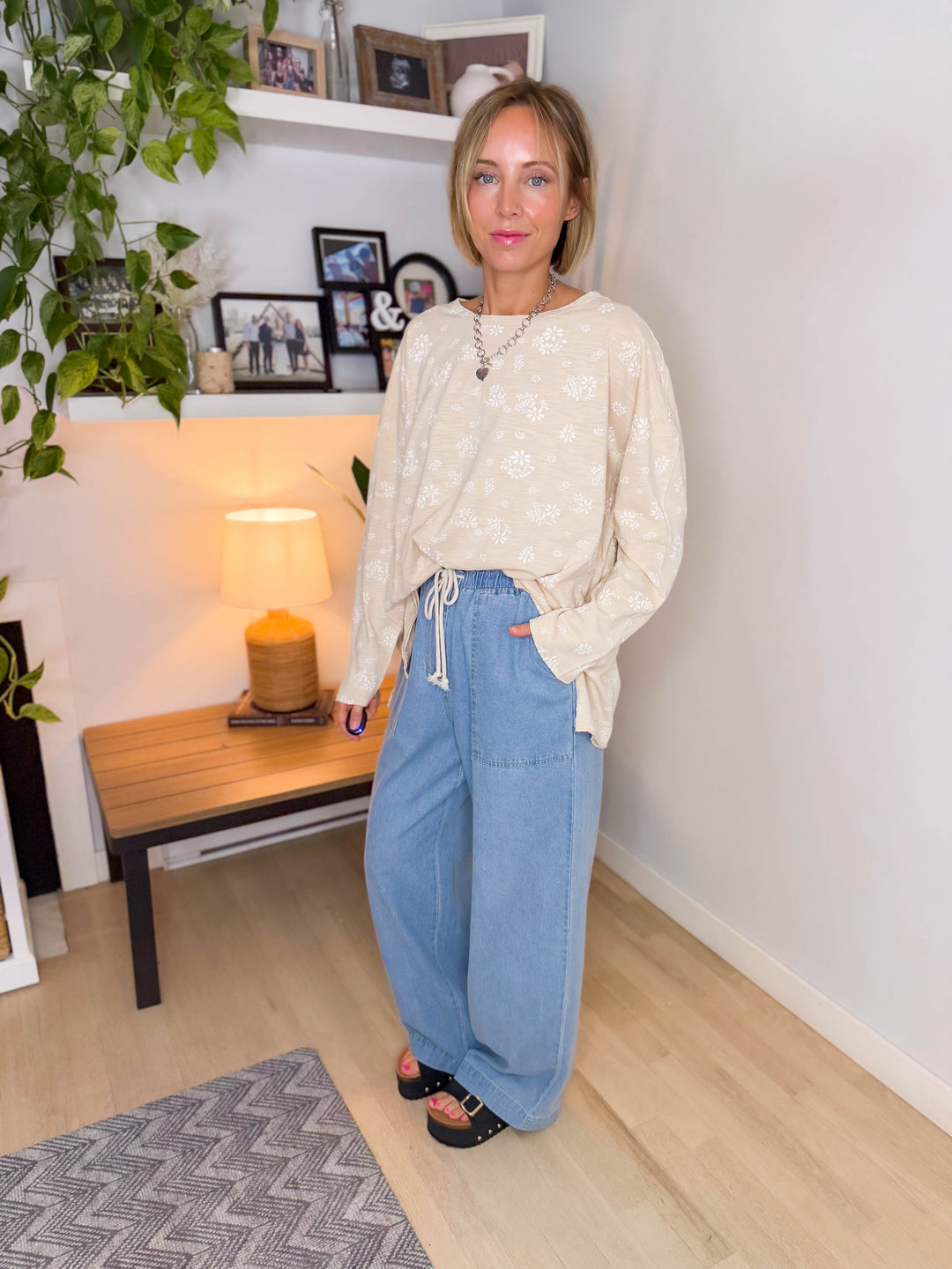 Amara Cotton Floral Tunic Long Sleeve- NATURAL