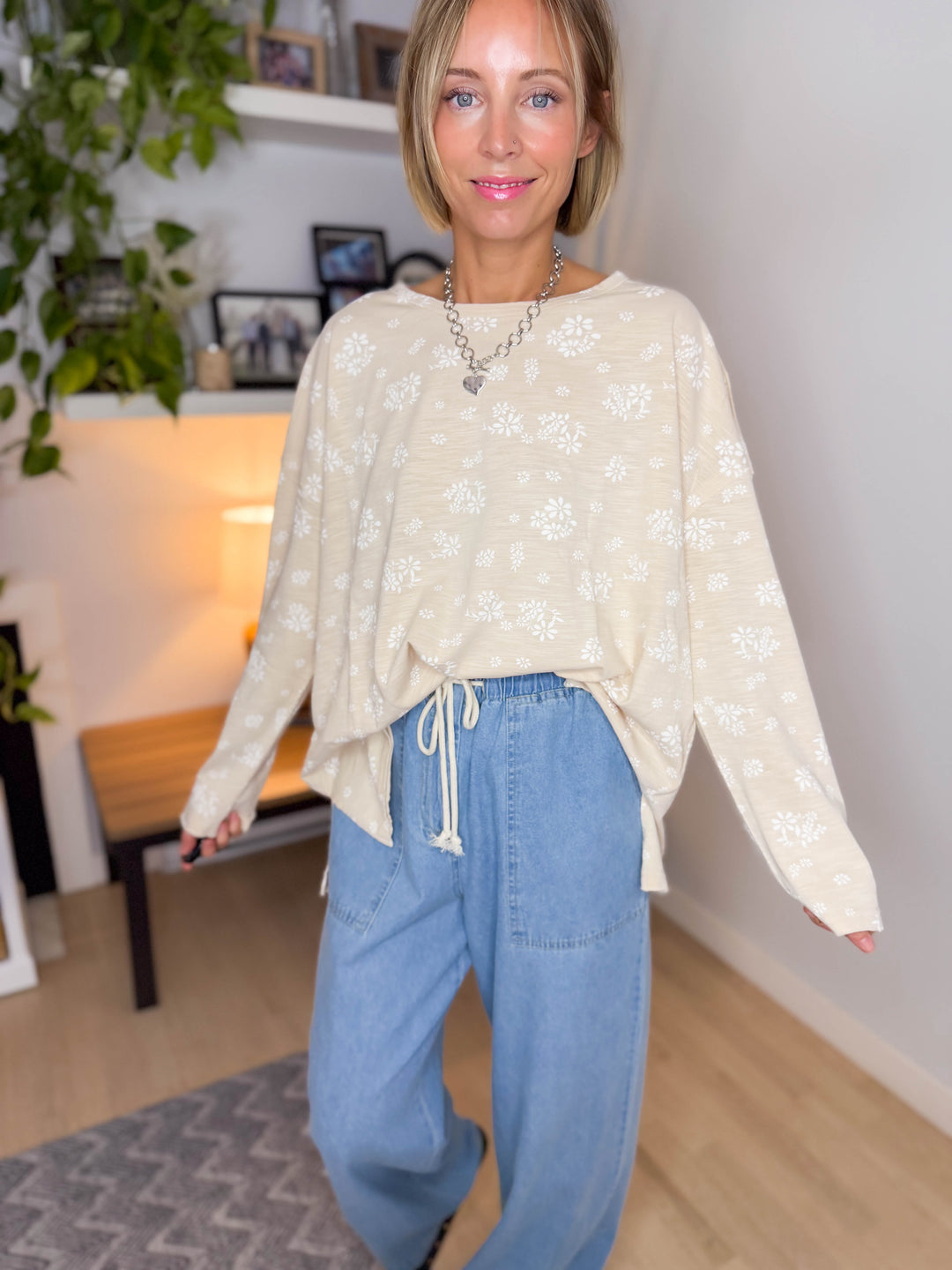 Amara Cotton Floral Tunic Long Sleeve- NATURAL