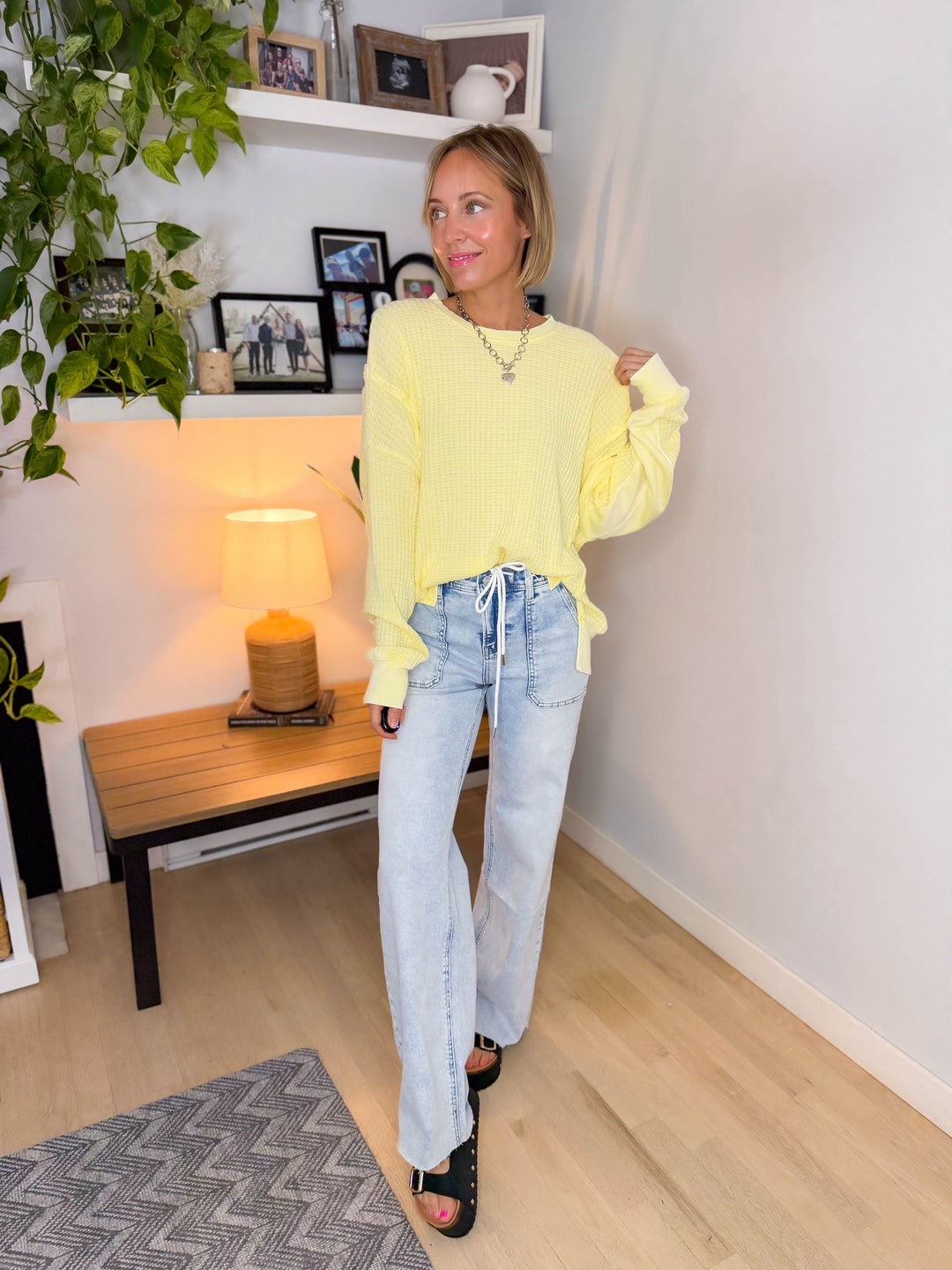 Lenay Mineral Washed Thermal Pullover- BRIGHT YELLOW